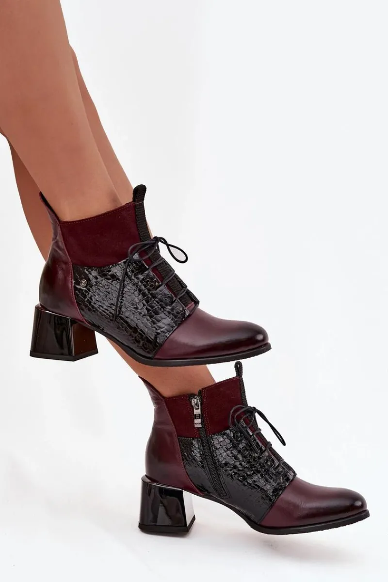 Botki Ocieplane|Brązowe I Beżowe Botki>Zazoo 60503 Skórzane Botki Na Obcasie Ocieplane Bordowe Czerwony