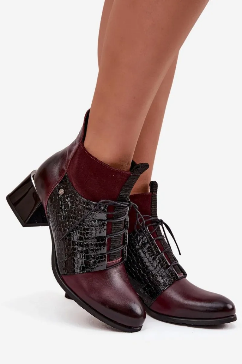 Botki Ocieplane|Brązowe I Beżowe Botki>Zazoo 60503 Skórzane Botki Na Obcasie Ocieplane Bordowe Czerwony