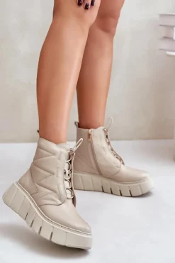 Hot Zazoo 60472 Skórzane Botki Na Platformie I Koturnie Beżowe Beżowy