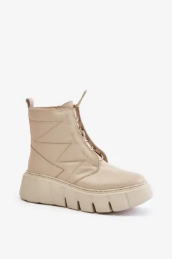 Hot Zazoo 60472 Skórzane Botki Na Platformie I Koturnie Beżowe Beżowy