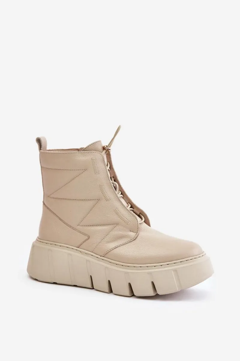 Hot Zazoo 60472 Skórzane Botki Na Platformie I Koturnie Beżowe Beżowy