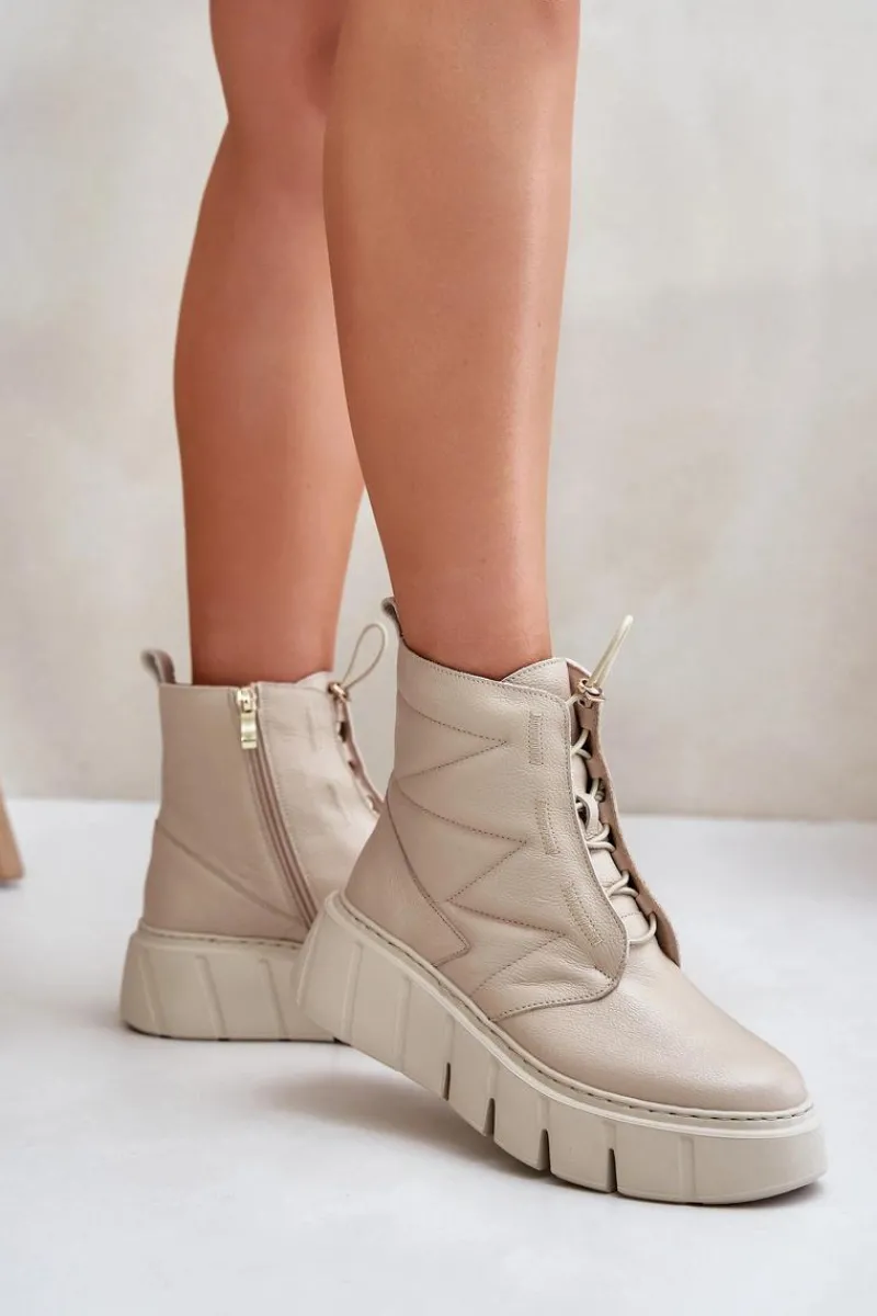 Hot Zazoo 60472 Skórzane Botki Na Platformie I Koturnie Beżowe Beżowy