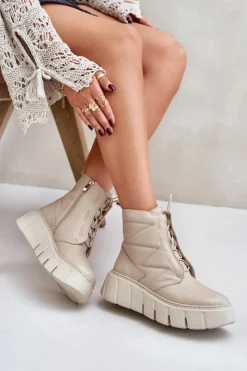 Hot Zazoo 60472 Skórzane Botki Na Platformie I Koturnie Beżowe Beżowy