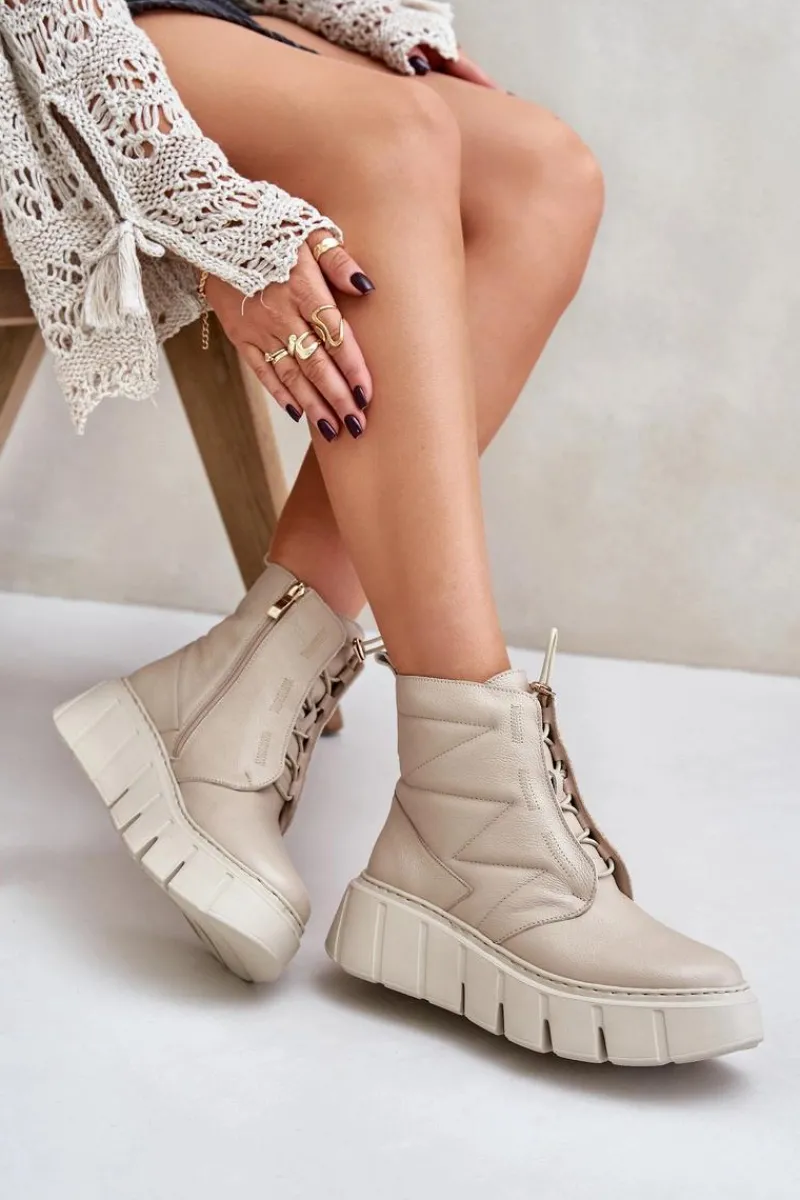 Hot Zazoo 60472 Skórzane Botki Na Platformie I Koturnie Beżowe Beżowy