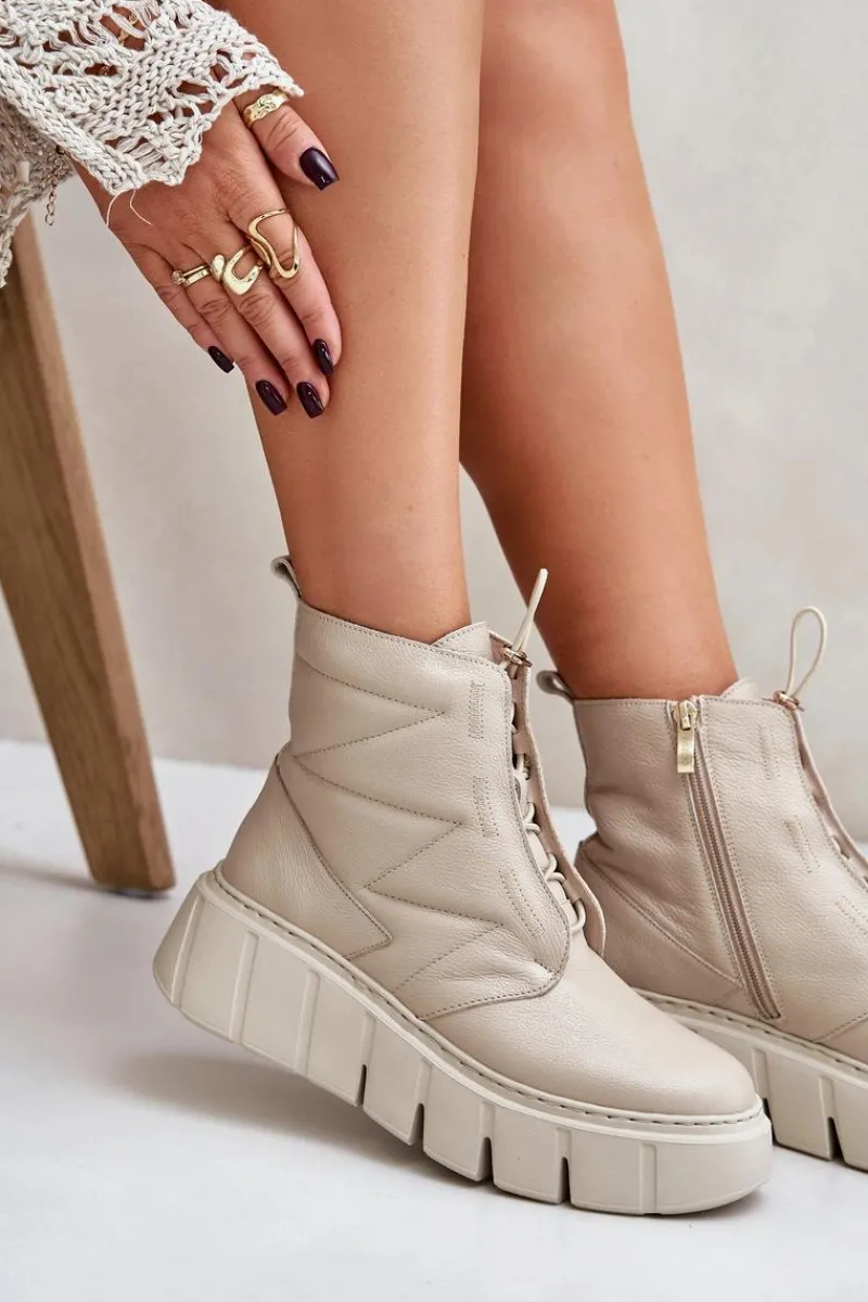 Hot Zazoo 60472 Skórzane Botki Na Platformie I Koturnie Beżowe Beżowy