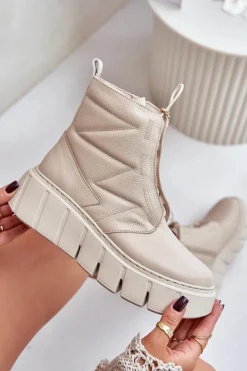 Hot Zazoo 60472 Skórzane Botki Na Platformie I Koturnie Beżowe Beżowy