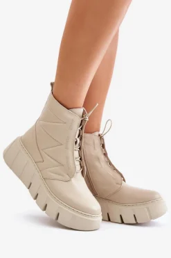 Hot Zazoo 60472 Skórzane Botki Na Platformie I Koturnie Beżowe Beżowy