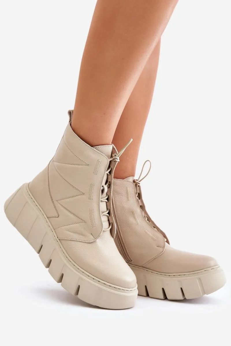 Hot Zazoo 60472 Skórzane Botki Na Platformie I Koturnie Beżowe Beżowy