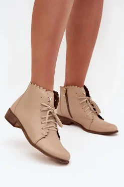 Botki Sznurowane|Botki Płaskie>Zazoo 2964 Skórzane Botki Na Płaskim Obcasie Beżowe Beżowy