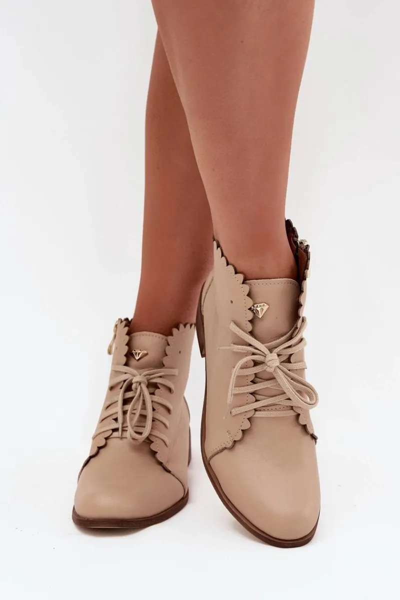Botki Sznurowane|Botki Płaskie>Zazoo 2964 Skórzane Botki Na Płaskim Obcasie Beżowe Beżowy