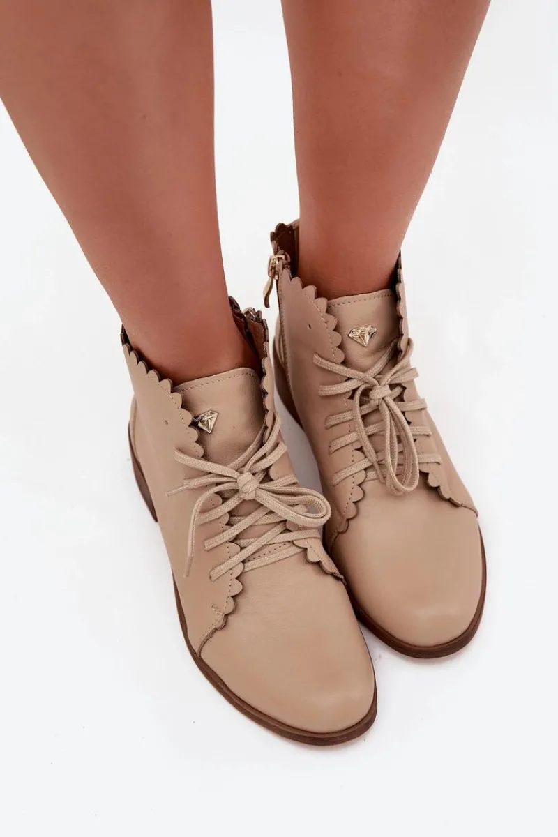 Botki Sznurowane|Botki Płaskie>Zazoo 2964 Skórzane Botki Na Płaskim Obcasie Beżowe Beżowy