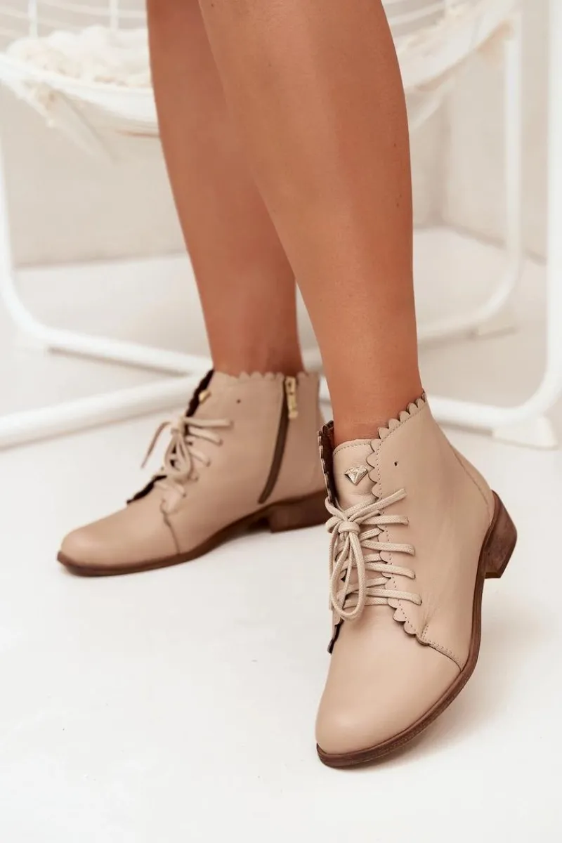 Botki Sznurowane|Botki Płaskie>Zazoo 2964 Skórzane Botki Na Płaskim Obcasie Beżowe Beżowy
