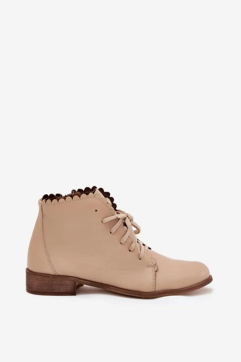 Botki Sznurowane|Botki Płaskie>Zazoo 2964 Skórzane Botki Na Płaskim Obcasie Beżowe Beżowy