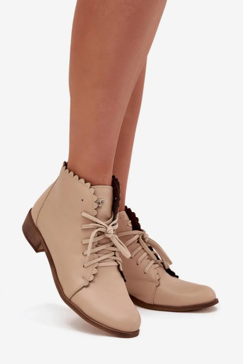 Botki Sznurowane|Botki Płaskie>Zazoo 2964 Skórzane Botki Na Płaskim Obcasie Beżowe Beżowy