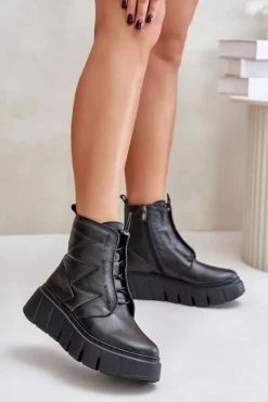 Botki Ocieplane|Botki Skórzane>Zazoo 60472 Skórzane Botki Na Platformie I Koturnie Czarne Czarny