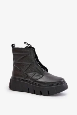 Botki Ocieplane|Botki Skórzane></noscript>Zazoo 60472 Skórzane Botki Na Platformie I Koturnie Czarne Czarny