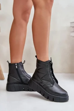 Botki Ocieplane|Botki Skórzane></noscript>Zazoo 60472 Skórzane Botki Na Platformie I Koturnie Czarne Czarny