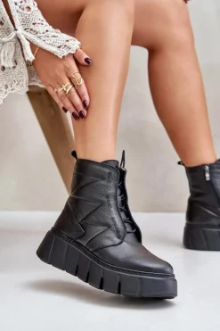 Botki Ocieplane|Botki Skórzane></noscript>Zazoo 60472 Skórzane Botki Na Platformie I Koturnie Czarne Czarny