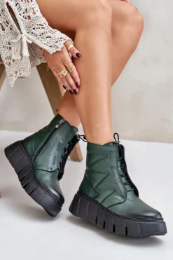 Hot 60472 Skórzane Botki Na Platformie I Koturnie Ciemnozielone Damskie Botki Ocieplane|Botki Skórzane