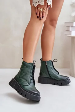 Hot 60472 Skórzane Botki Na Platformie I Koturnie Ciemnozielone Damskie Botki Ocieplane|Botki Skórzane