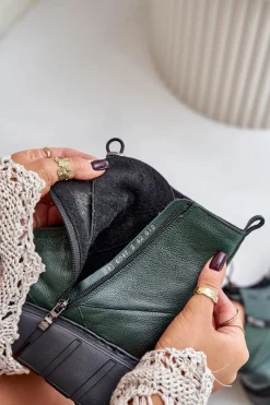 Hot 60472 Skórzane Botki Na Platformie I Koturnie Ciemnozielone Damskie Botki Ocieplane|Botki Skórzane