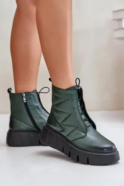 Hot 60472 Skórzane Botki Na Platformie I Koturnie Ciemnozielone Damskie Botki Ocieplane|Botki Skórzane