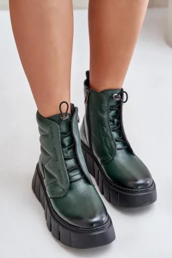 Hot 60472 Skórzane Botki Na Platformie I Koturnie Ciemnozielone Damskie Botki Ocieplane|Botki Skórzane