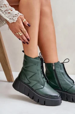 Hot 60472 Skórzane Botki Na Platformie I Koturnie Ciemnozielone Damskie Botki Ocieplane|Botki Skórzane