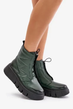 Hot 60472 Skórzane Botki Na Platformie I Koturnie Ciemnozielone Damskie Botki Ocieplane|Botki Skórzane