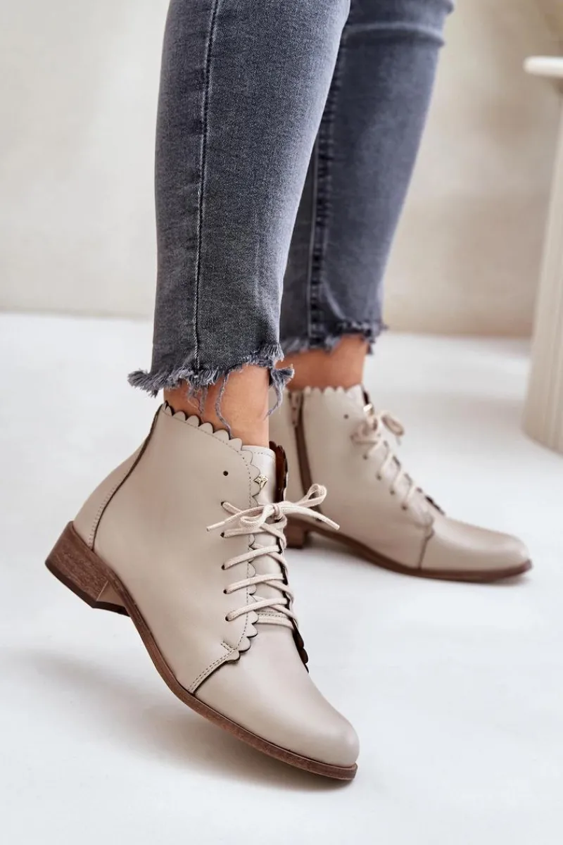 Botki Sznurowane|Botki Płaskie>Zazoo 2964 Skórzane Botki Na Płaskim Obcasie Beżowe