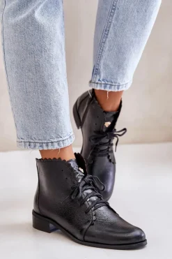 Online Zazoo 2964 Skórzane Botki Na Płaskim Obcasie Czarne Czarny