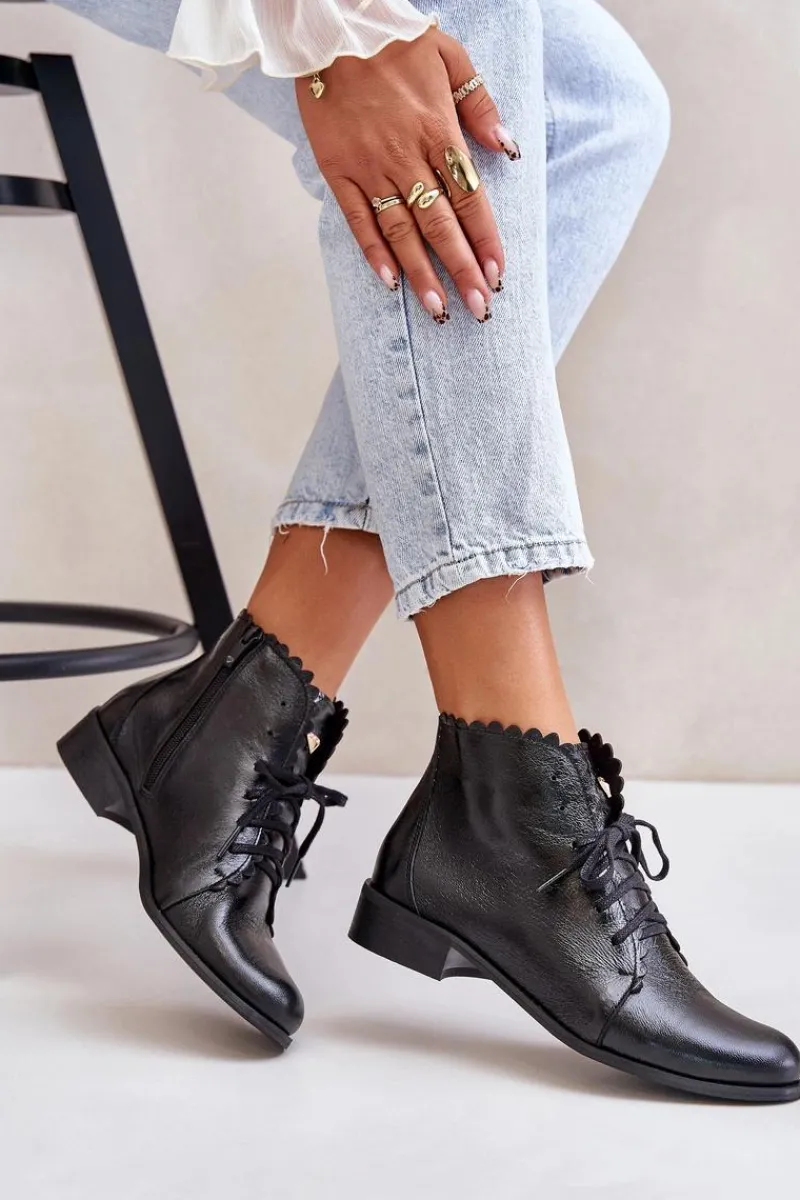 Online Zazoo 2964 Skórzane Botki Na Płaskim Obcasie Czarne Czarny