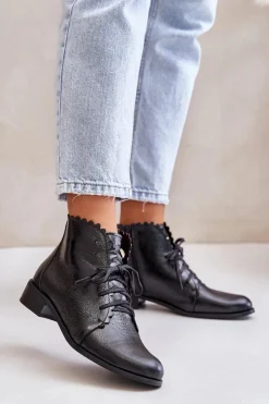 Online Zazoo 2964 Skórzane Botki Na Płaskim Obcasie Czarne Czarny