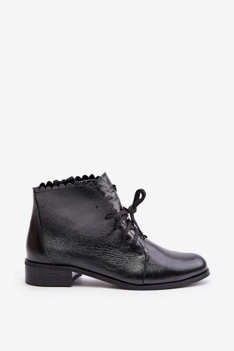 Online Zazoo 2964 Skórzane Botki Na Płaskim Obcasie Czarne Czarny