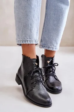 Online Zazoo 2964 Skórzane Botki Na Płaskim Obcasie Czarne Czarny