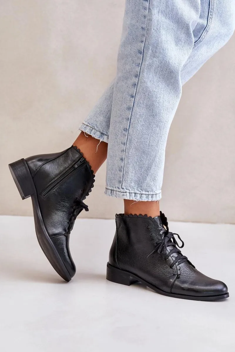 Online Zazoo 2964 Skórzane Botki Na Płaskim Obcasie Czarne Czarny