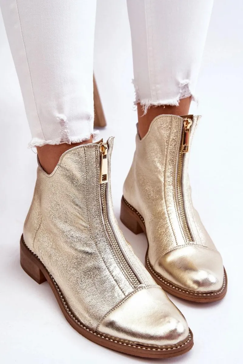 Clearance 2785 Skórzane Botki Na Suwak Złote Damskie Botki Wiosenne|Czarne Botki