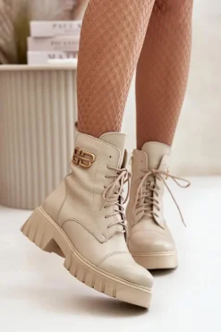 Botki Skórzane|Botki Zimowe Damskie>Boto Zazoo 60486 Skórzane Botki Workery Ocieplane Ze Złotym Detalem Jasnobeżowe