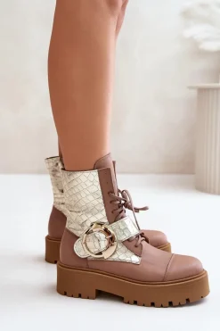 2942 Skórzane Botki Workery Ze Złotą Klamrą Beżowe Damskie Damskie Trapery|Brązowe I Beżowe Botki