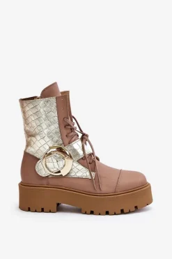 2942 Skórzane Botki Workery Ze Złotą Klamrą Beżowe Damskie Damskie Trapery|Brązowe I Beżowe Botki