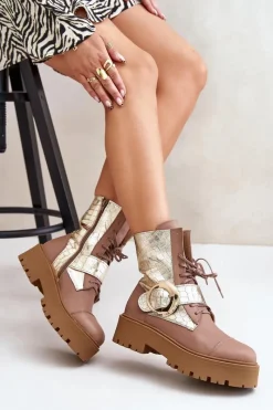 2942 Skórzane Botki Workery Ze Złotą Klamrą Beżowe Damskie Damskie Trapery|Brązowe I Beżowe Botki