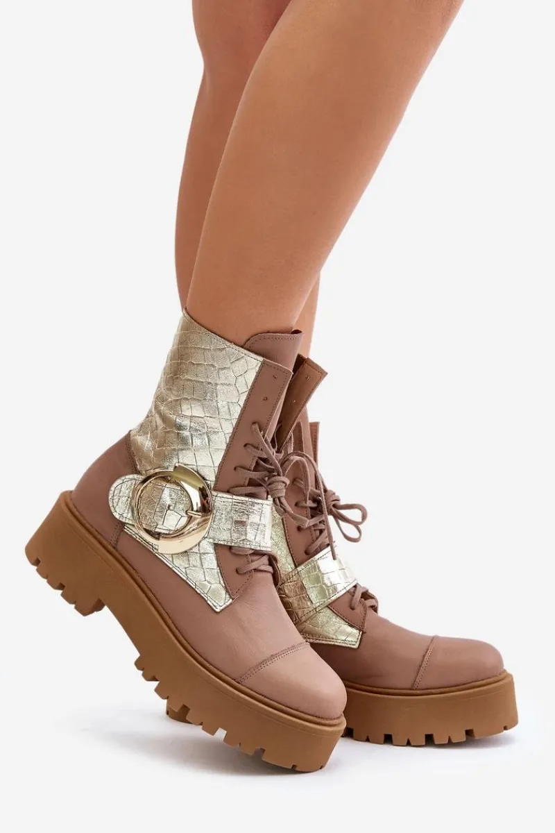 2942 Skórzane Botki Workery Ze Złotą Klamrą Beżowe Damskie Damskie Trapery|Brązowe I Beżowe Botki