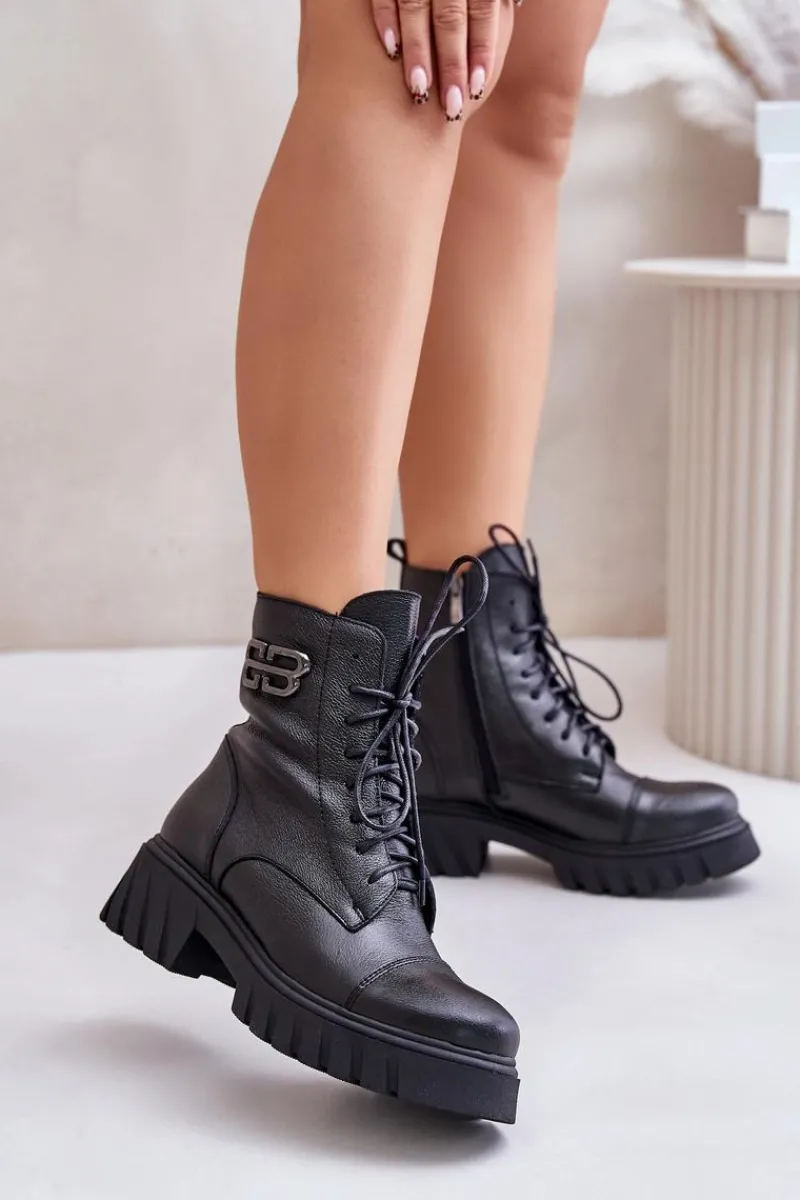 Clearance 60486 Skórzane Botki Workery Ocieplane Czarne Damskie Botki Ocieplane|Botki Zimowe Damskie