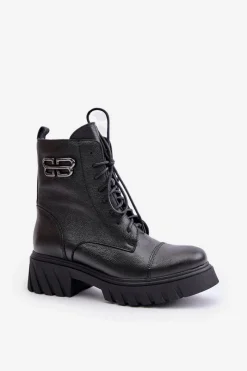 Clearance 60486 Skórzane Botki Workery Ocieplane Czarne Damskie Botki Ocieplane|Botki Zimowe Damskie