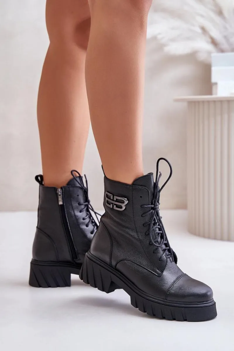 Clearance 60486 Skórzane Botki Workery Ocieplane Czarne Damskie Botki Ocieplane|Botki Zimowe Damskie