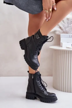 Clearance 60486 Skórzane Botki Workery Ocieplane Czarne Damskie Botki Ocieplane|Botki Zimowe Damskie