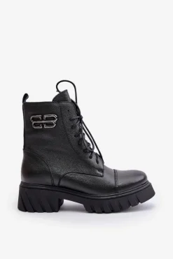 Clearance 60486 Skórzane Botki Workery Ocieplane Czarne Damskie Botki Ocieplane|Botki Zimowe Damskie