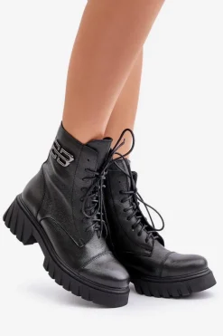 Clearance 60486 Skórzane Botki Workery Ocieplane Czarne Damskie Botki Ocieplane|Botki Zimowe Damskie