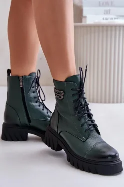 Clearance Zazoo 60486 Skórzane Botki Workery Ocieplane Ciemnozielone Zielony