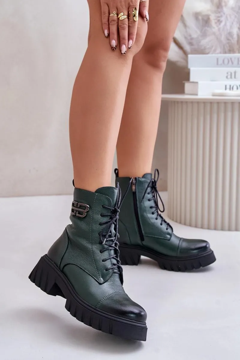 Clearance Zazoo 60486 Skórzane Botki Workery Ocieplane Ciemnozielone Zielony